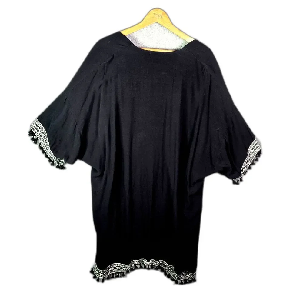 H&M Coachella Open Front Black Tassel Trim Festival Cover Up L Boho